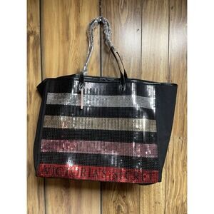 Victorias Secret Black Striped Sequin Bling Large Tote Bag Open Top Beach Travel